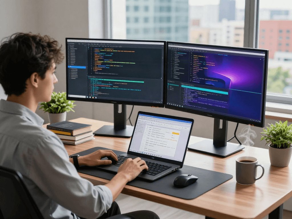 Développeur utilisant Atlas pro dans un espace de travail moderne avec des écrans de code et une ambiance inspirante.