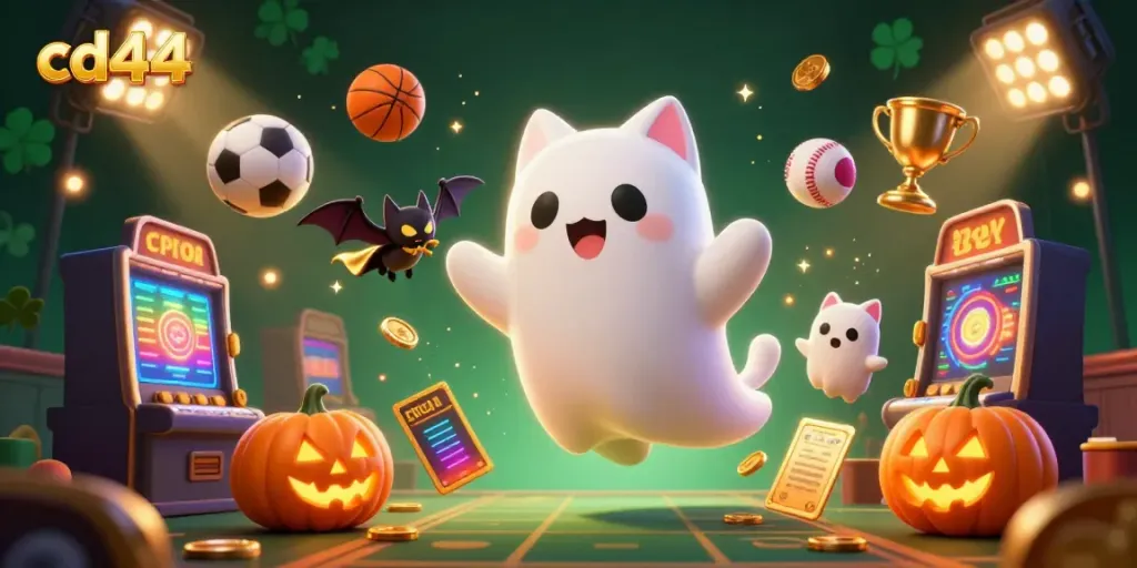 Engage in thrilling gameplay with cd44 as a ghost cat and bat illuminate a haunted casino scene.