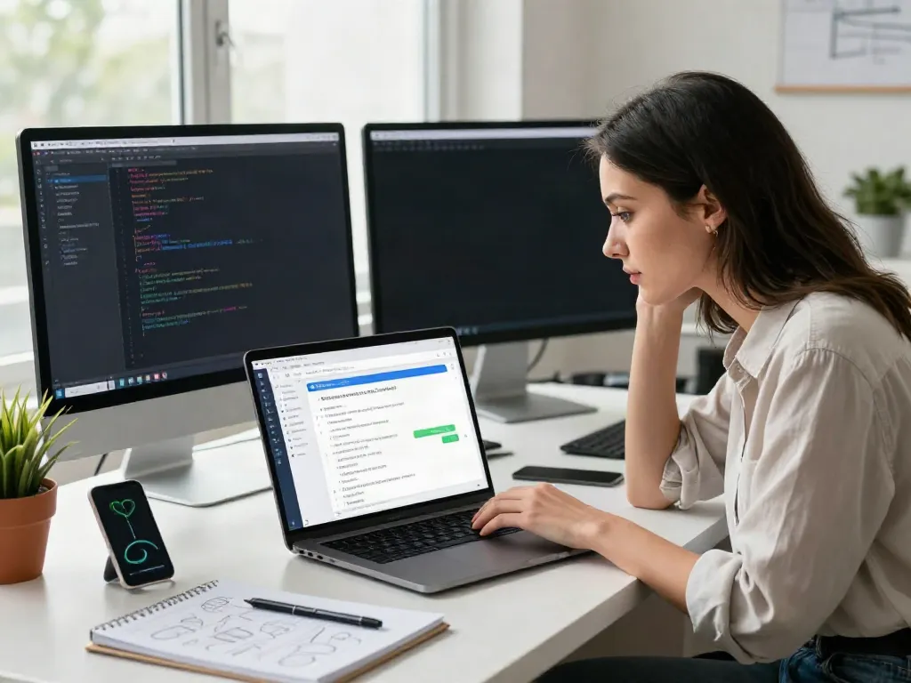 Developer engaged with an uncensored AI chat application in a modern tech workspace.
