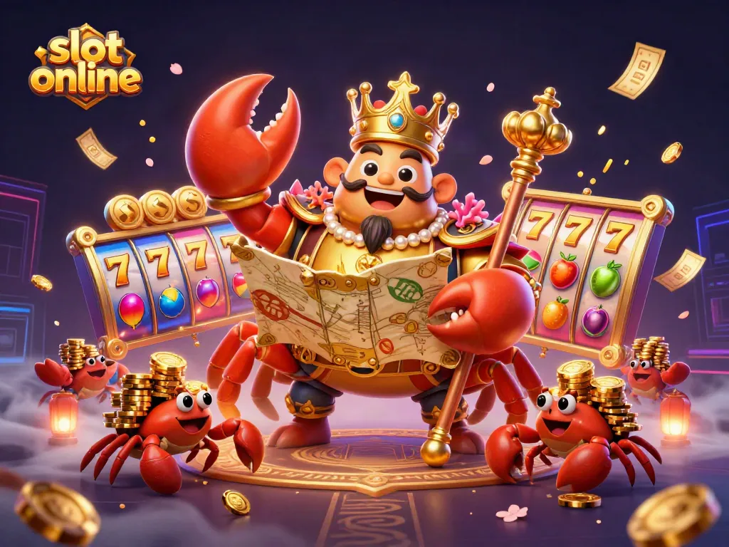 Spin the reels with exciting slot online gameplay featuring a golden crab emperor and colorful elements.