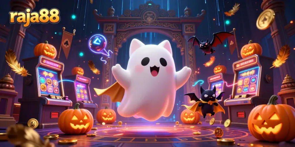 Experience the excitement of raja88 with a friendly ghost cat and a vampire bat in a haunted casino setting.