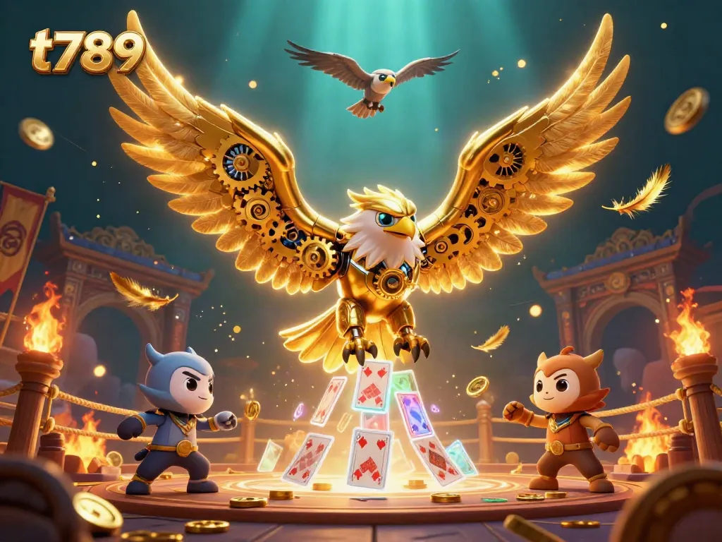 Experience the thrill of t789's casino gaming with a dynamic scene of cybernetic eagles and holographic cards.