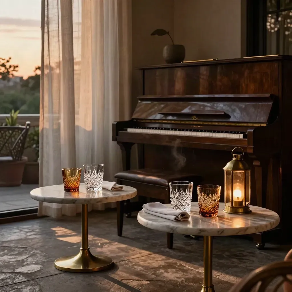 Terrasse d’hôtel au crépuscule avec verres cristal, guéridons et piano droit.