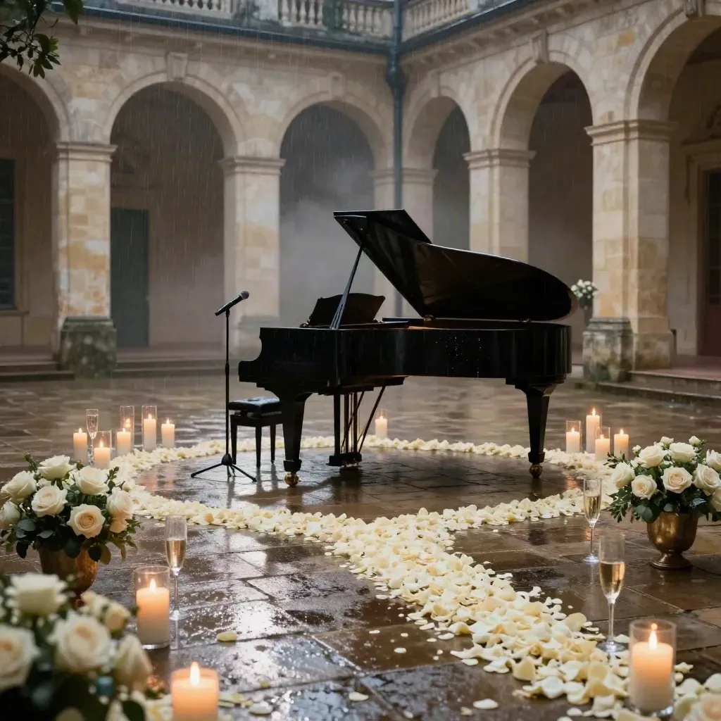 Cour de château nuit, piano à queue, micro, bougies et pétales après la pluie.