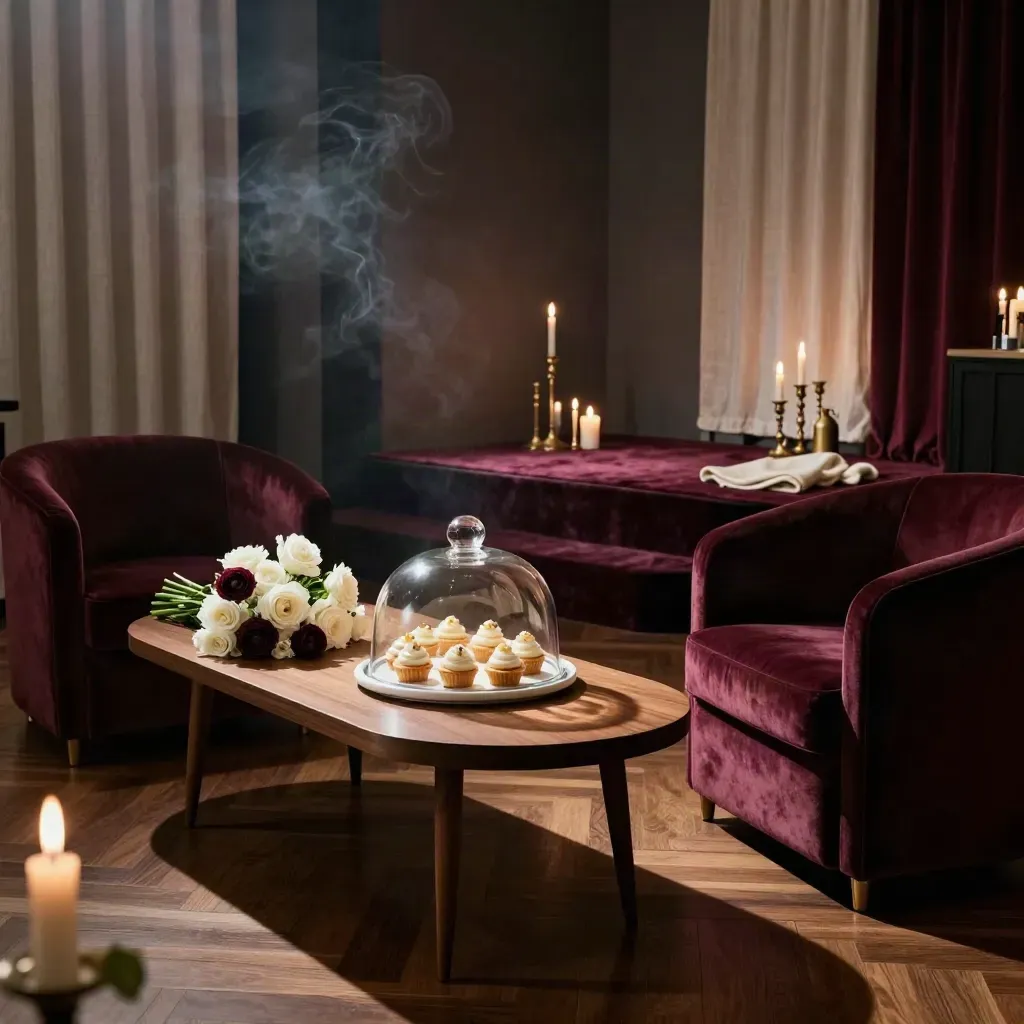 Salon privé feutré avec desserts, bouquets, bougies et coin scène avant la fête.