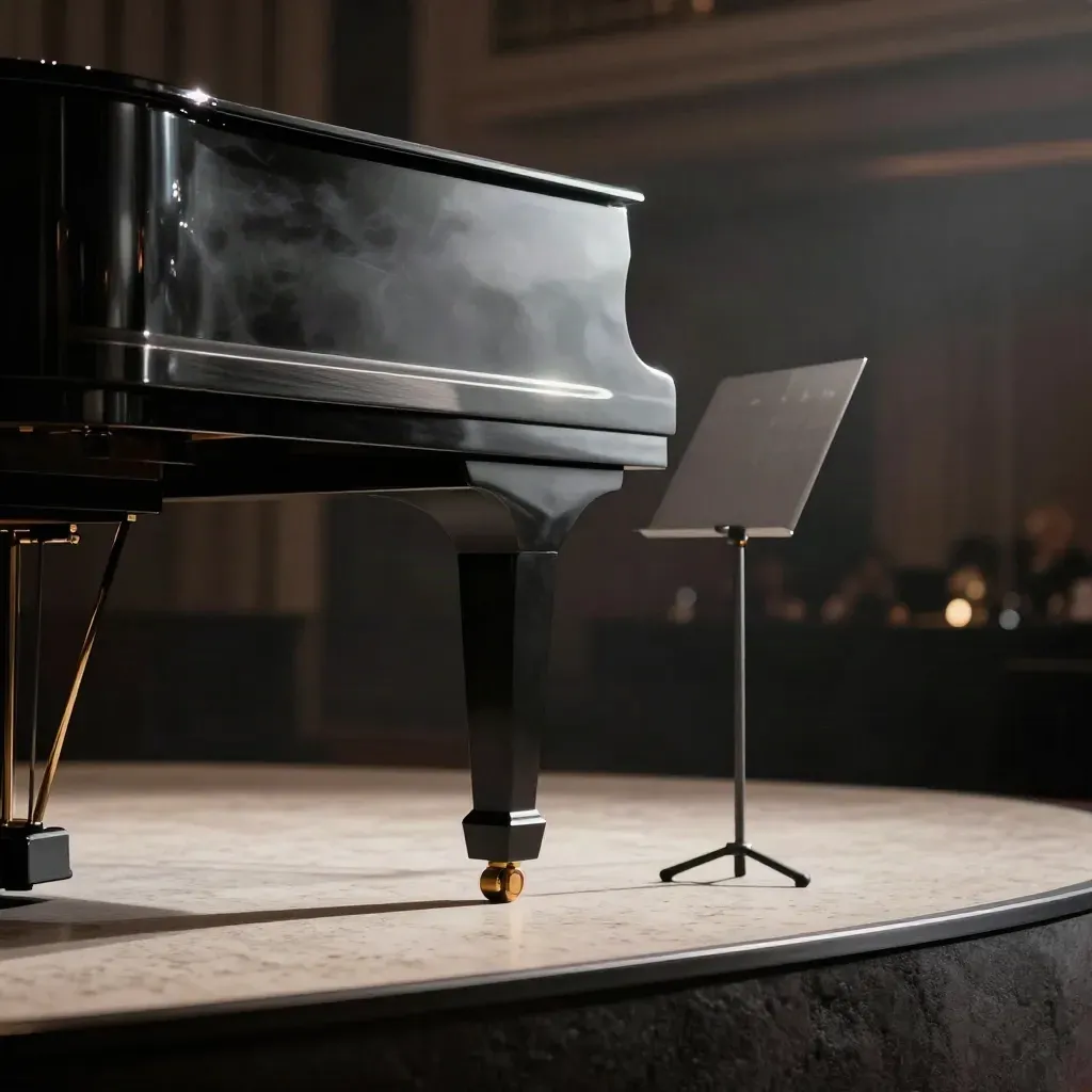 Détail macro d’un piano noir et d’un pupitre discret dans une salle de gala sombre.