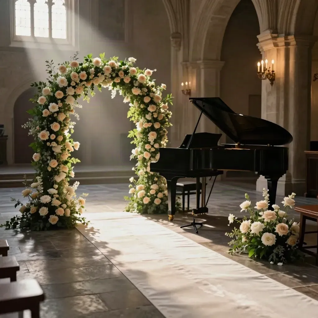 Nef de mariage en pierre, allée ivoire, arche florale, piano noir et lumière dorée.