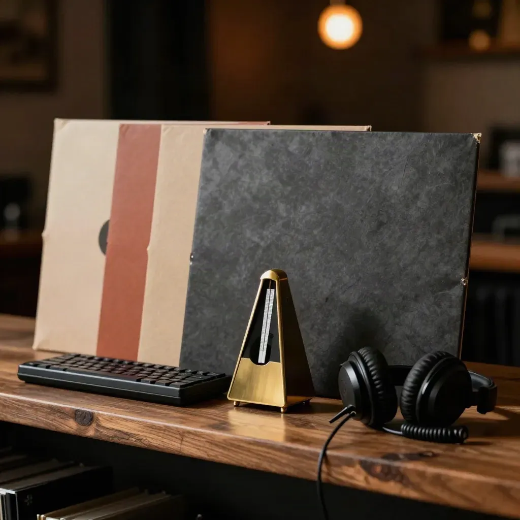 Pochettes vinyles, métronome, casque et clavier dans une alcôve sombre et chaleureuse.