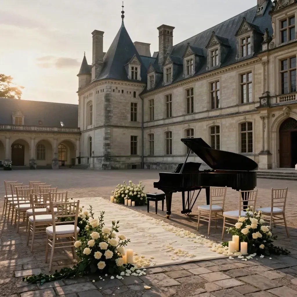 Cour d’honneur du Château de Santeny dressée pour une cérémonie, piano noir et chandelles.