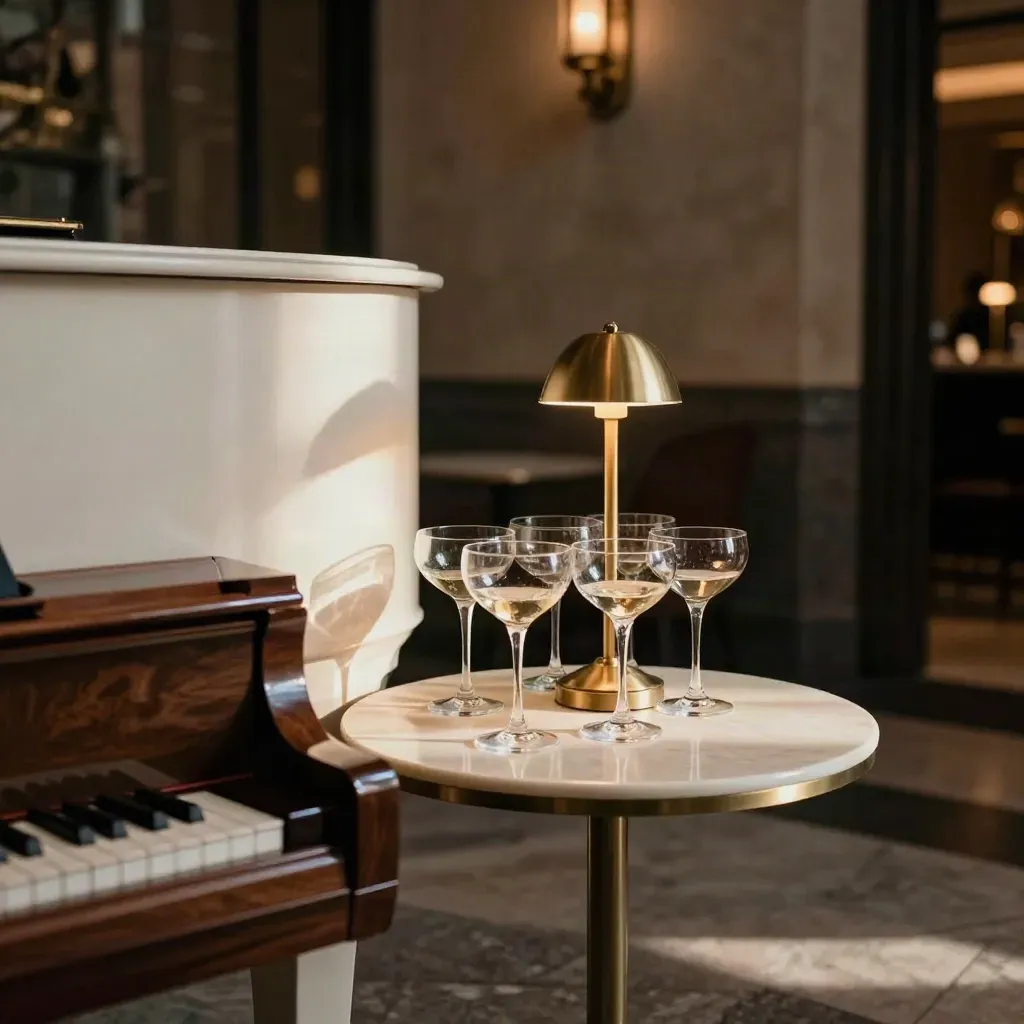 Lobby d’hôtel lyonnais avec piano à queue, coupes et lampes en laiton, ambiance feutrée.