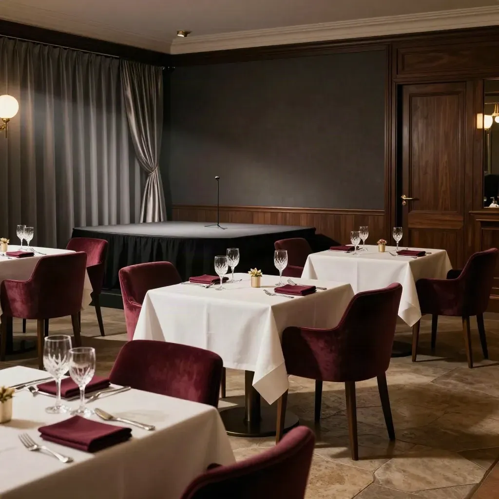 Salle de dîner d’affaires à Paris, tables dressées et petite scène discrète au fond.