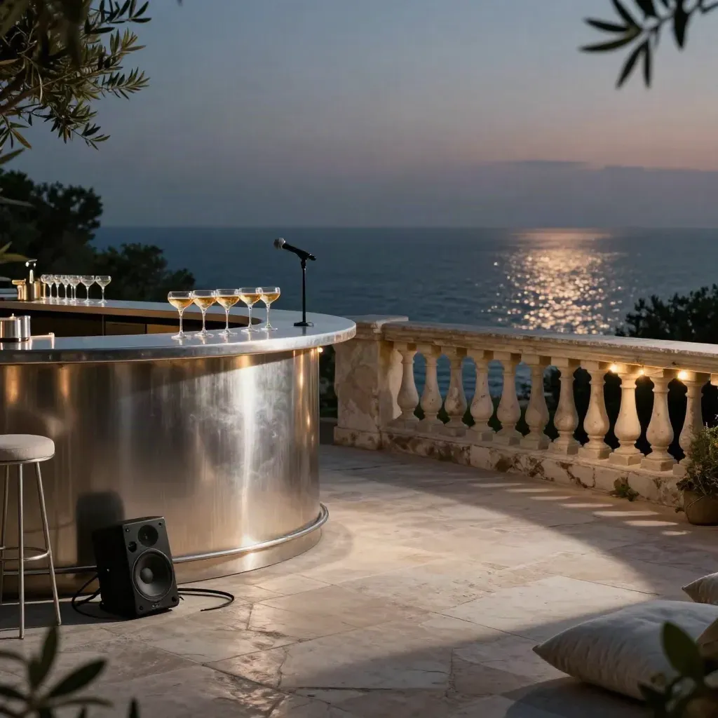 Terrasse de villa à Nice au crépuscule, bar à coupes, coin chant et mer au loin.