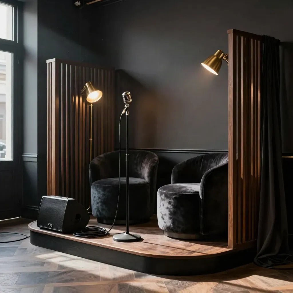 Coin live chic à Bordeaux avec fauteuils velours, lampes de scène et bois sombre.