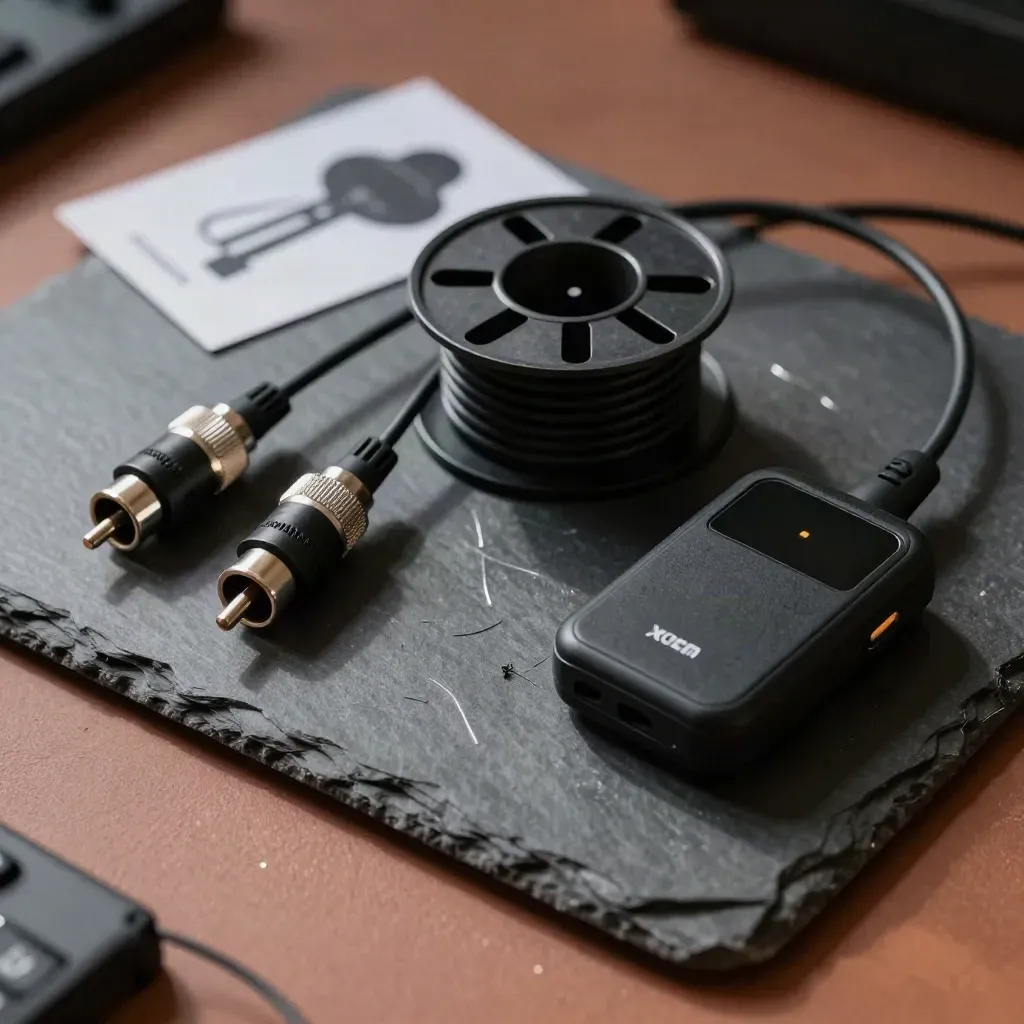Connecteurs XLR, enrouleur et récepteur de poche sur ardoise, vue du dessus élégante.
