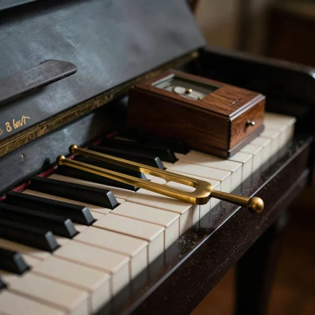 Diapason en laiton, touches ivoire et métronome en bois sur un piano en clair-obscur.