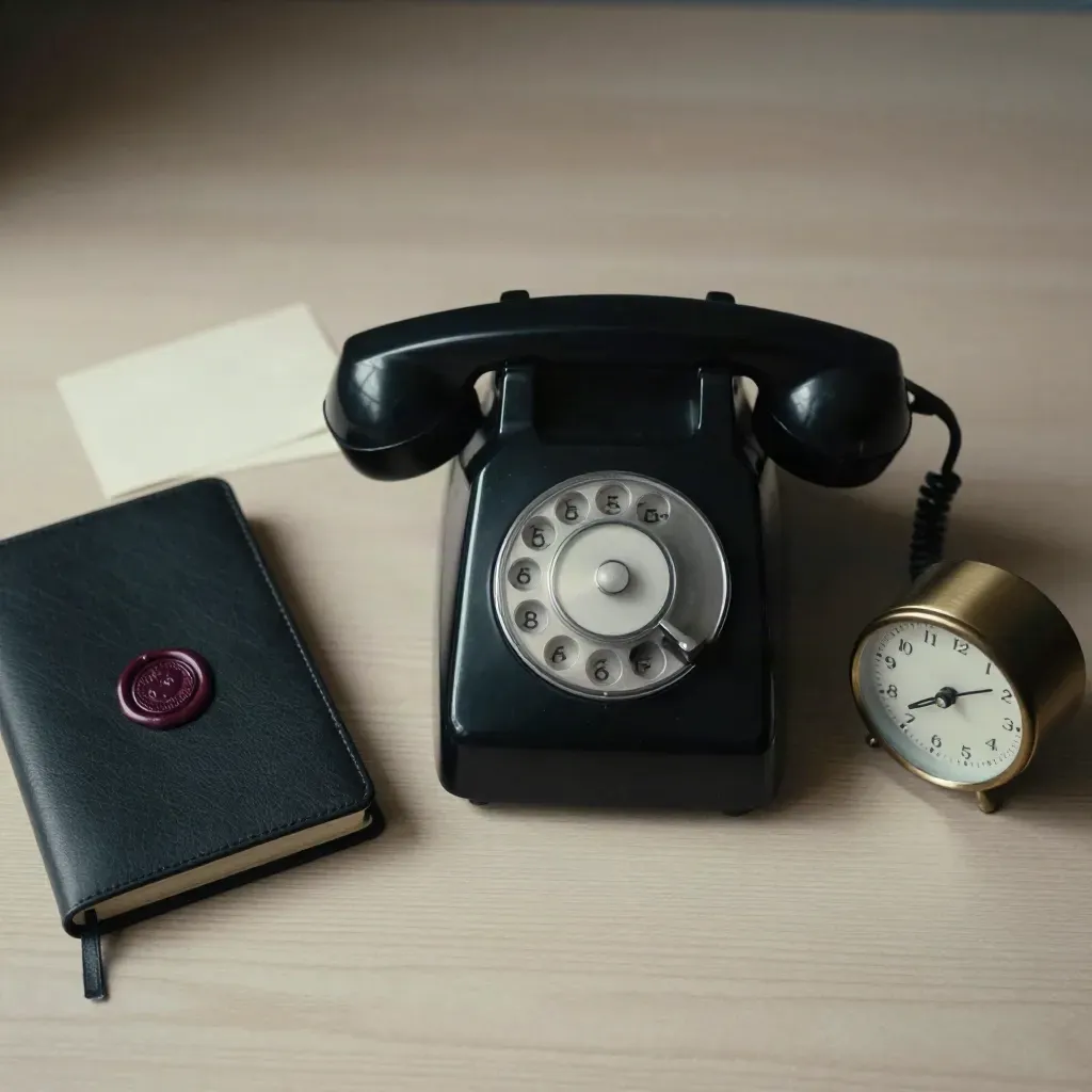 Vue de dessus d’un téléphone noir, d’un carnet cuir, d’un sceau de cire et d’une petite horloge sur bois clair.