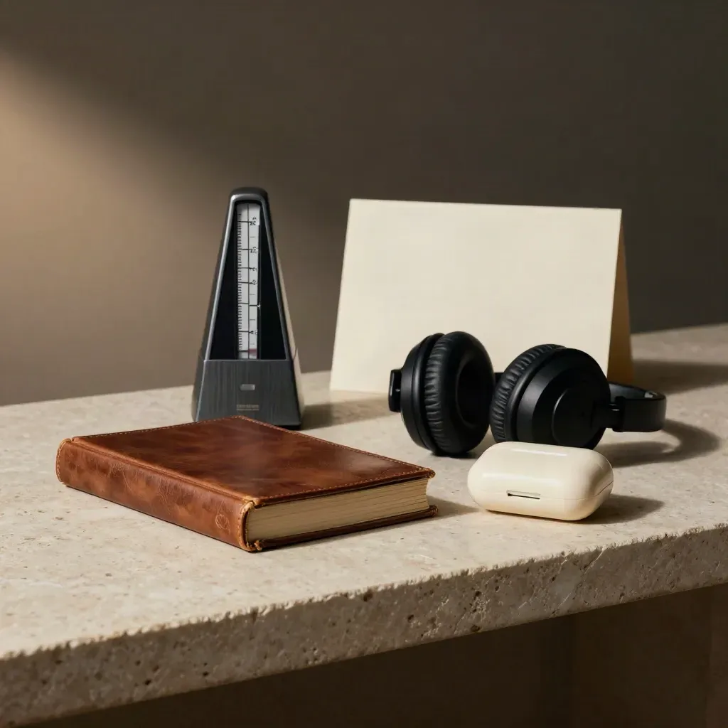 Still-life de préparation du set avec métronome, casque et livre de chant sur pierre claire.