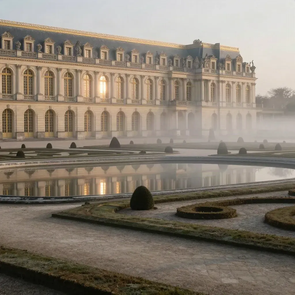 Versailles au lever du jour, façade haute, jardins noyés de brume et bassins calmes