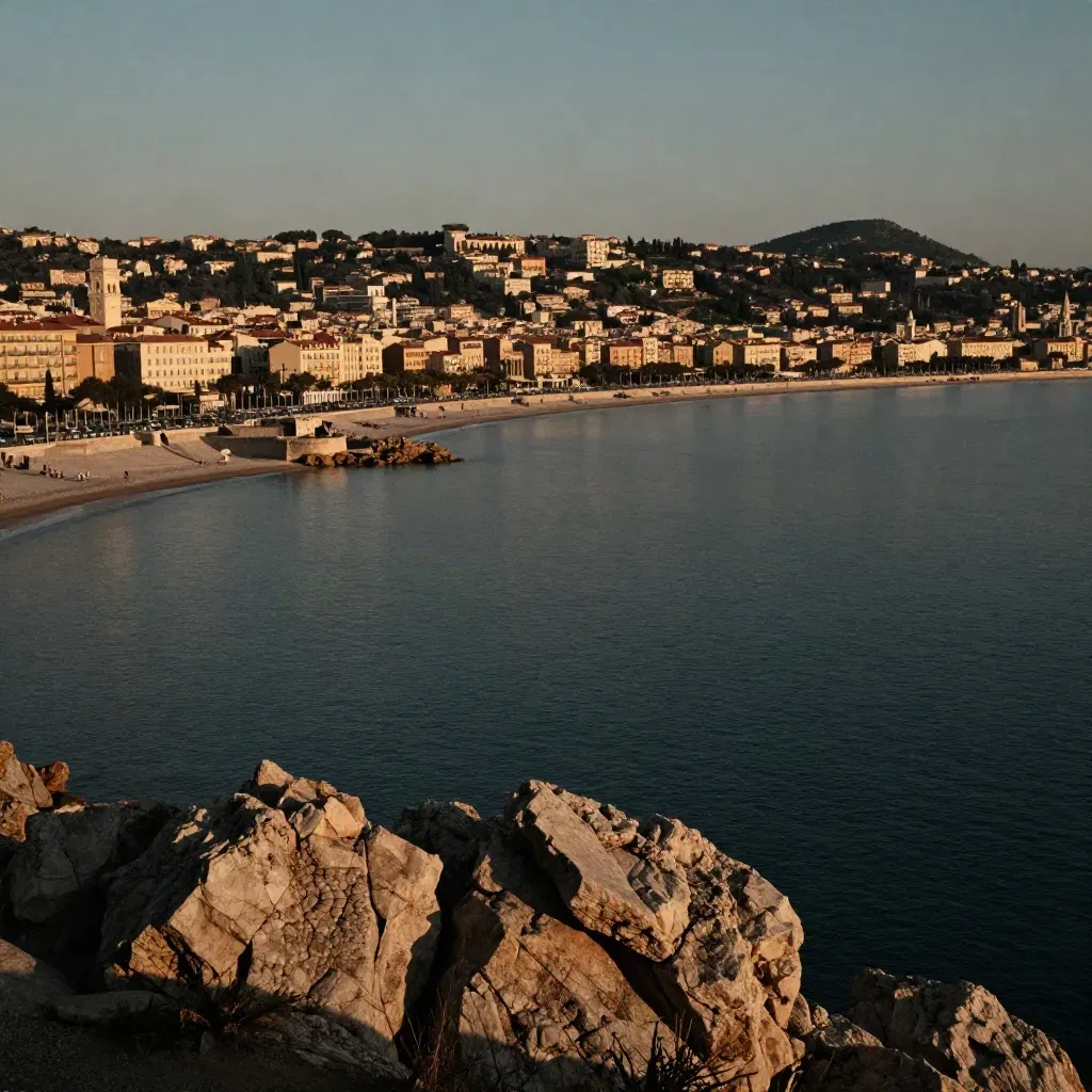Baie de Nice au coucher du soleil, vieille ville au loin et mer calme sous une légère brume.