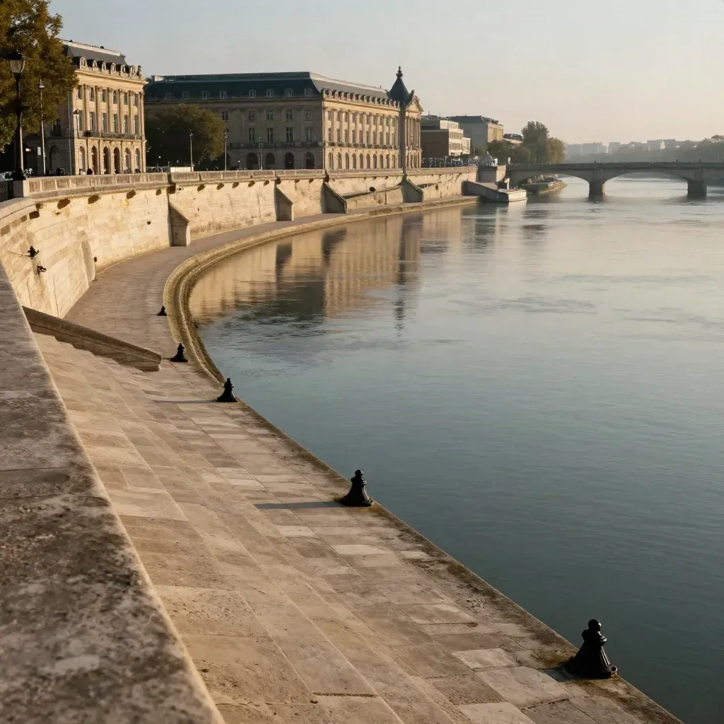 Les quais de Bordeaux en pierre blonde, Garonne calme et façades hautes dans une lumière laiteuse.