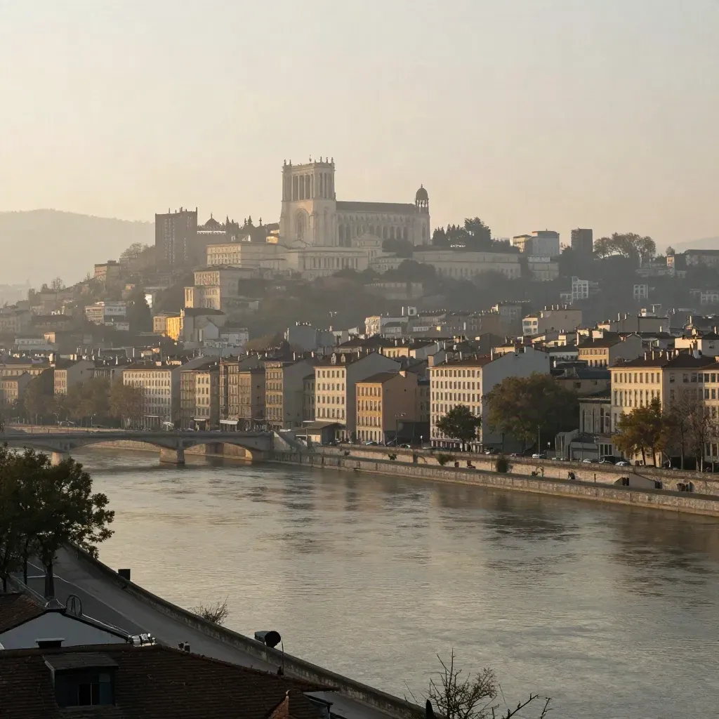 Vue de Lyon depuis la Saône, Fourvière dans la brume au-dessus du fleuve calme.