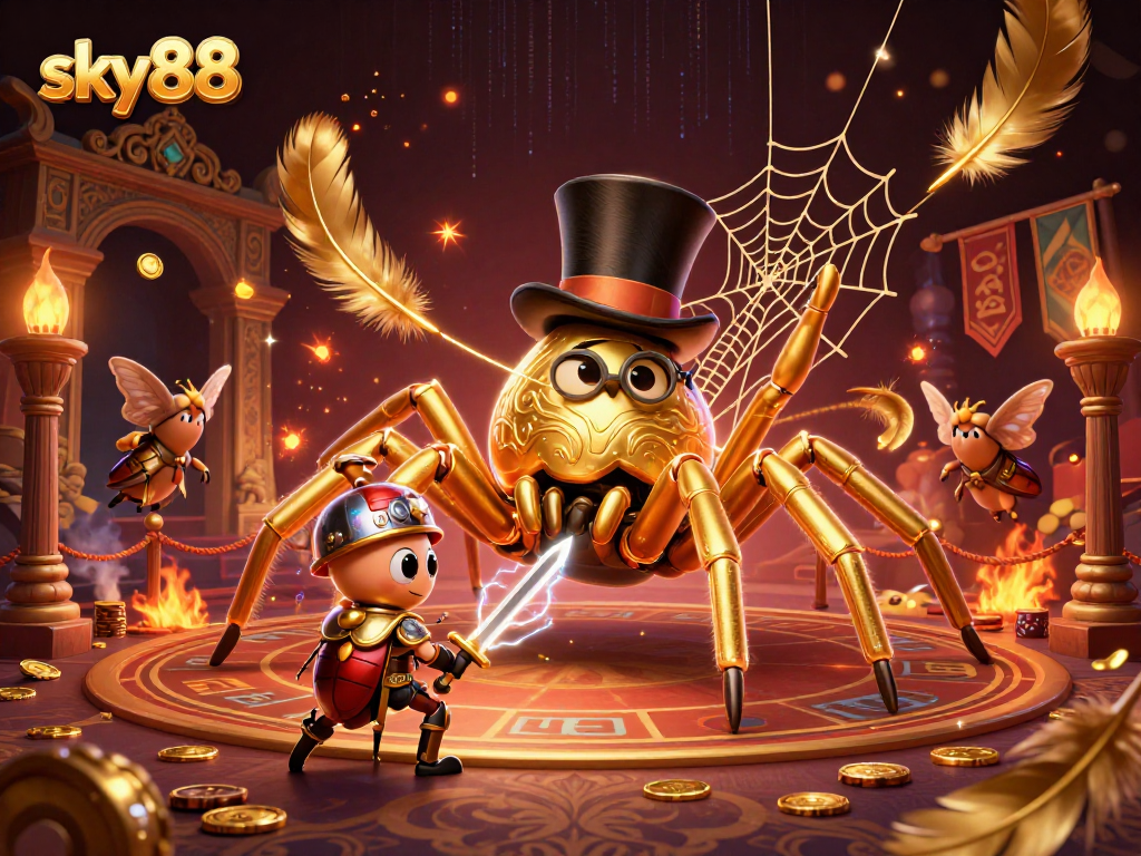 Engage in thrilling gameplay at sky88 with a golden tarantula and brave knight in a dynamic casino scene.