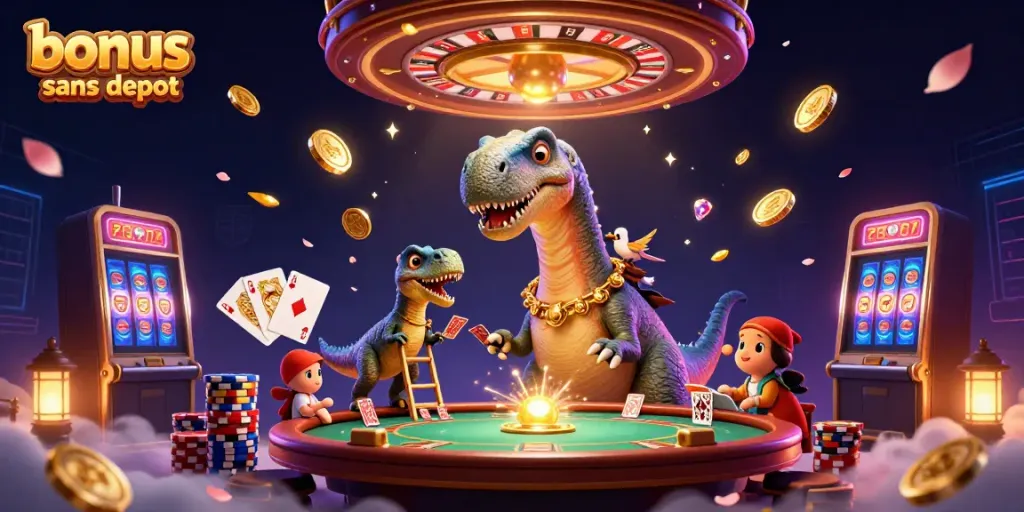 Un brontosaurus et un raptor offrant des cartes au poker avec le bonus casino sans dépôt au-dessus d'une table, entourés de pièces d'or.