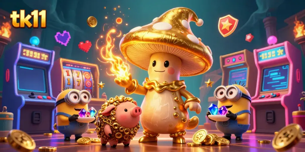 Experience tk11’s enchanting casino world with golden mushroom wizard characters amidst vibrant game elements.
