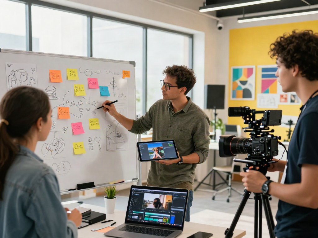 Équipe de création collaborant sur Iron tv pro, tableau blanc rempli de croquis et d'idées dans un studio de production.