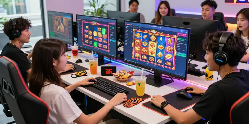 Pengalaman bermain Kangtoto dengan teman-teman di meja permainan slot online yang meriah, menampilkan suasana permainan yang menyenangkan.