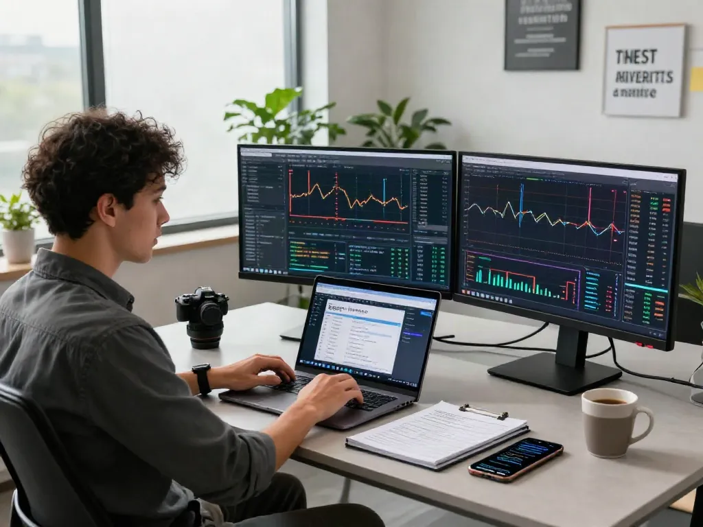 Trader utilisant la plateforme la-essorinvexaro.com dans un environnement de travail moderne avec des écrans de données de marché.