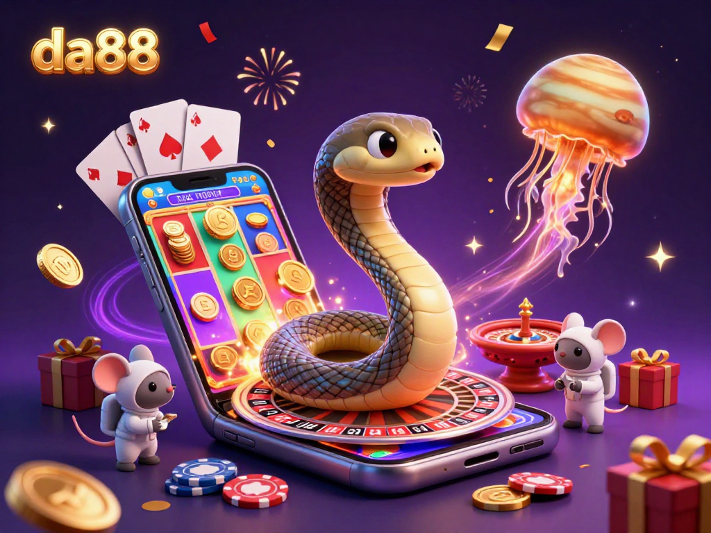 Engage with da88's cosmic casino scene featuring a Saturn snake and playful astronaut mice.