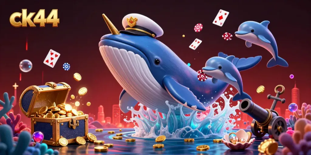 Experience exciting gameplay with ck44, showcasing a magnificent cartoon whale in a sea of coins and playful dolphins.