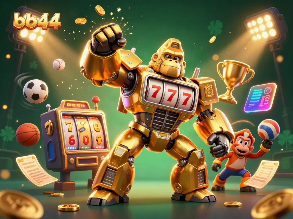 Experience the excitement of bb44 with a golden gorilla mech and dynamic casino elements.