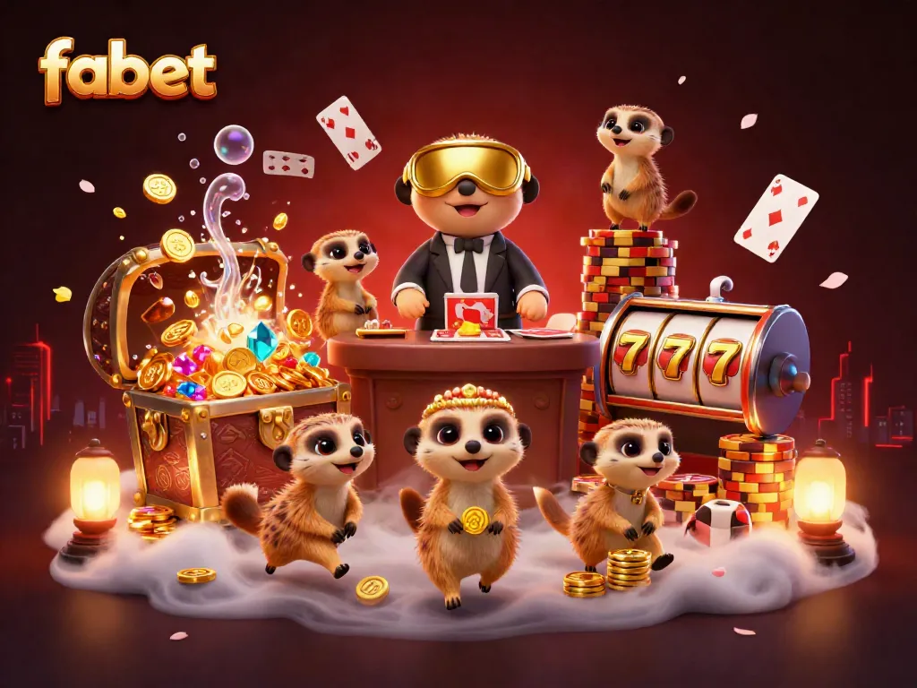 Experience the excitement of fabet in a vibrant casino scene with playful meerkats and floating games.