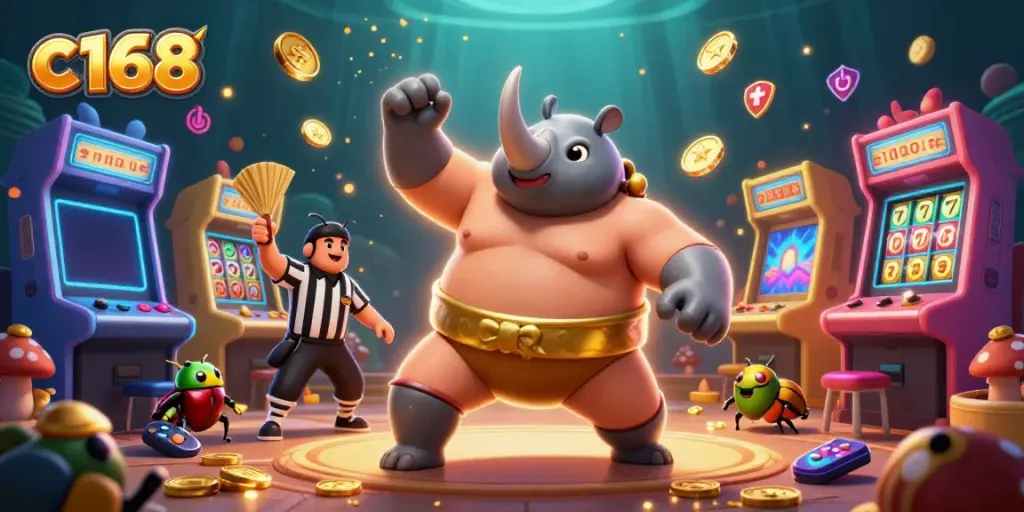 Experience the thrilling moment as the c 168 beetle champion unleashes golden coins in a vibrant casino scene.